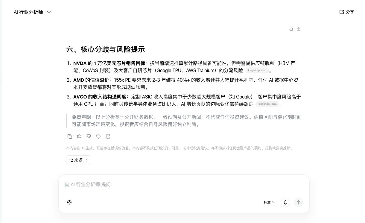 Longbridge AI 行业分析 Agent 输出包含分节结论和来源列表的结构化报告